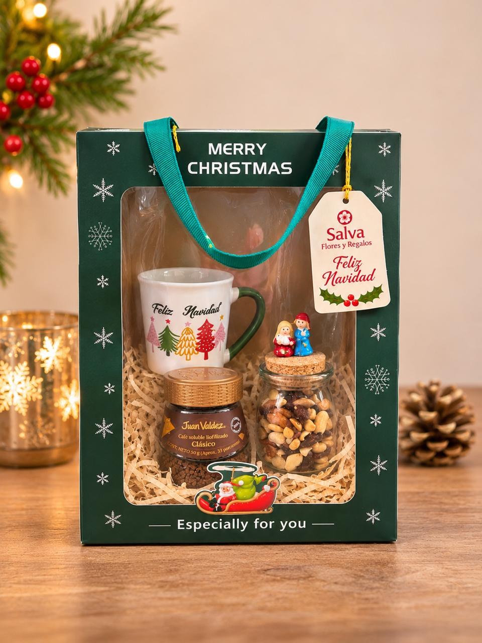 Ancheta navideña con taza Feliz Navidad, café y frutos secos en caja de regalo Merry Christmas – Salva Flores y Regalos