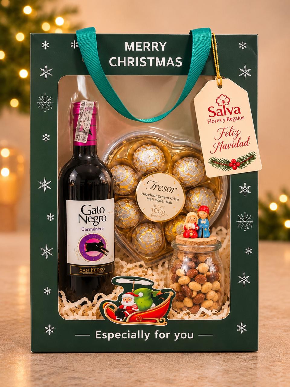 Ancheta navideña con vino tinto, chocolates y frutos secos en caja de regalo Merry Christmas – Salva Flores y Regalos