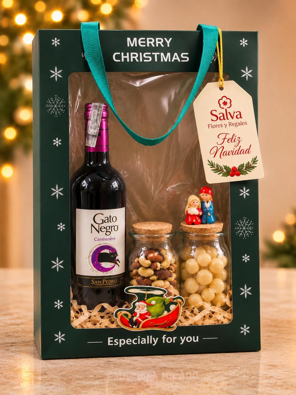 Ancheta navideña con vino tinto, macadamias y frutos secos en caja de regalo Merry Christmas – Salva Flores y Regalos