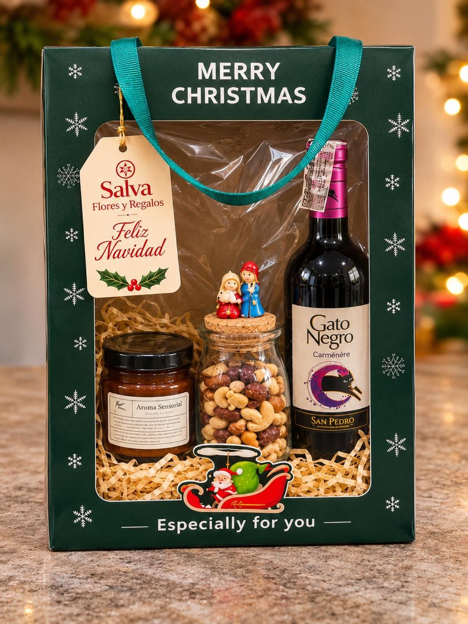 Ancheta navideña con vino tinto, vela aromática y frutos secos en caja de regalo Merry Christmas – Salva Flores y Regalos