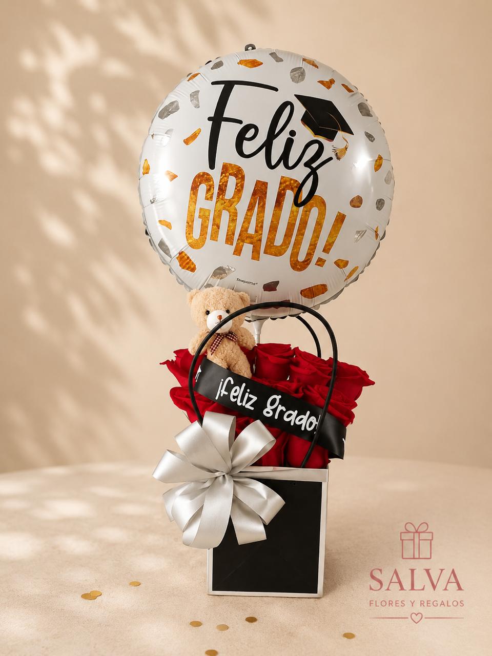 Caja de Rosas Rojas para Grado con Globo y Oso de Peluche | Regalo de Graduación