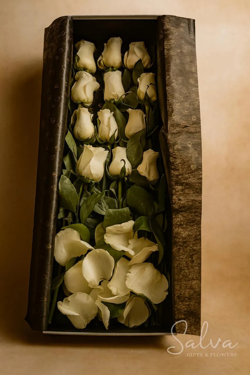 Rosas En Caja De Lujo, 12 Rosas Blancas – Homenaje De Paz Y Respeto