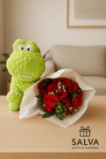 Bouquet Rosas 18 Rojas Y Peluche Dinosaurio Neon