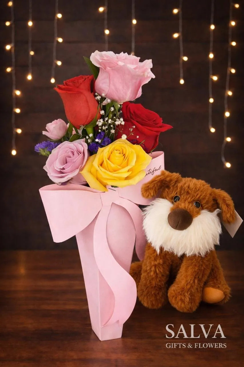 Combo Bouquet 5 Rosas Y Peluche