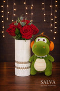 Combo Amor Incondicional Florero Rosas & Peluche Dino